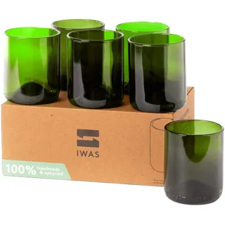 IWAS Upcycling-grüne Trinkgläser, 250 ml, 6 Stück, nachhaltiges Wasserglas, umweltfreundliche dunkelgrüne Glaswaren