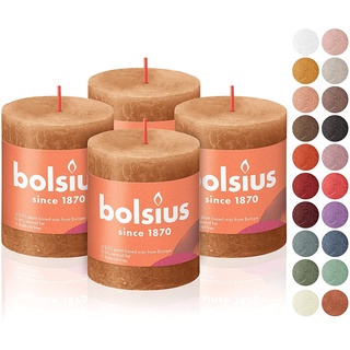 BOLSIUS 4 Stück braune rustikale Stumpenkerzen 7,9 x 8,25 cm Premium-Qualität natürliches umweltfreundliches Wachs auf pflanzlicher Basis geruchlos, tropffreie, rauchfreie 35-Stunden-Party-Deko-Kerzen