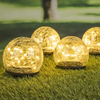 mucHome 4er Set LED Solar Kugel in Bruchglas Optik - Crackle Glas Gartenlampen Set mit 20 LED je Solarlampe Warmweiß, mit Erdspieß Leuchten für Garten Gehweg Blumenbeet Solarleuchte Kugellampe