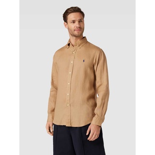 Custom Fit Leinenhemd mit Label-Stitching, Khaki, M