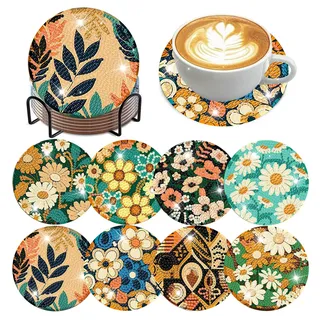 Mafenr Art 8 Stück Diamond Painting Untersetzer mit Halter, Blume Diamond Painting Erwachsene, DIY Diamant Painting Untersetzer Rutschfest für Anfänger, Erwachsene und Kinder - 4x4Inch/10x10cm