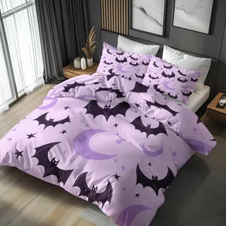 Generisch 155x220 Bettwäsche Fledermaus Bettbezug - 2tlg, 1 Kissenbezug 80x80, Halloween Süß Cartoon Muster, Schlafzimmer Deko, Weiche Mikrofaser Wendebettwäsche mit Reißverschluss - QD072