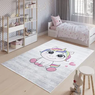 TAPISO Emma Kinderteppich Grau Rosa Einhorn Antirutsch 140 x 200 cm | Waschbar bei 30 Grad bedruckter Kinderteppich Kinderzimmer Jugendzimmer Modern OEKO-TEX