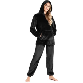 CityComfort Schlafanzug Für Damen, 2-Set Pyjama Mit Lange Oberteile Und Hosen, Polar Fleece Hausanzug, Kuschelige Und Warmes Flanell Nachtwasche, PjS Für Frauen, Geschenke Für Damen (XL, Schwarz) - XL