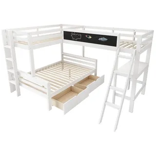 IDEASY Etagenbett Zwei 90×200 und ein 140×200 Hochbett, Kinderbett für drei Kinder (Etagenbett mit Schreibtisch, hergestellt aus Kiefernholz ohne Matratze), mit Stauschubladen, integriertem Schreibtisch und Regal