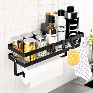 Trlyane Gewürzregal Wand ohne Bohren, Küchenrollenhalter Wand mit 4 Haken