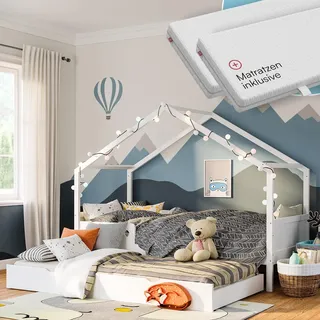 Bellabino Bela Kinderbett 90x200 cm – Hausbett ausziehbar mit Matratze, Rausfallschutz & Lattenrost – Kinder Bett mit Gästebett für Jungen und Mädchen – Montessori Kinderhausbett aus Kiefer Holz Weiß