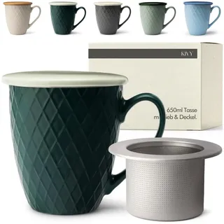 KIVY Tasse, Große Teetasse mit Deckel und Sieb [650ml] XXL, Keramik Porzellan, Tee Tasse mit Deckel grün