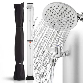 Arebos Solardusche 40 L Silber | Pooldusche & Gartendusche mit Thermometer | Regendusche mit Handbrause, Fußdusche & 360° Duschkopf | inkl. Abdeckhaube