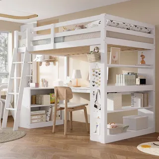 Flieks Kinderbett Hochbett 90x200cm mit Schreibtisch und Regal, Etagenbett mit Staufach und Filztuch, Stockbett Einzelbett mit Leiter, Weiß - Weiß