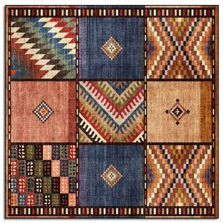 Rururug Teppich Quadratisch Wohnzimmer Kurzflor mit Antirutschmatte Schlafzimmer Waschbar Teppiche Anti-Rutsch Unterseite Sofa,Braunes Mehrfarben-Patchwork,Square 120 x 120 cm