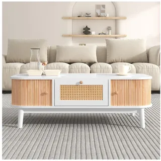 IDEASY Couchtisch Couchtisch aus Rattan, ovaler Aufbewahrungsschrank mit Schubladen, und Schiebetüren, Beine aus Massivholz weiß