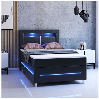 Juskys Boxspringbett Norfolk, 120 x 200 cm, Bett mit Federkernmatratze, Topper, Kopfteil und LED-Beleuchtung schwarz