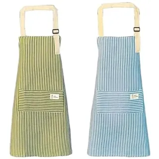 qipuneky 2er Küchenschürzen Damen mit Tasche, Baumwolle-Leinen, Grün/Blau - 72 x 68 cm