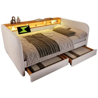HAUSS SPOLE Daybett 140x190cm mit LED, USB-C Ladefunktion, 2 Schubladen Leinen, Beige (Tagesbett,Polsterbett), mit Lattenrost, 2 Stauraum Schubladen, LD beige
