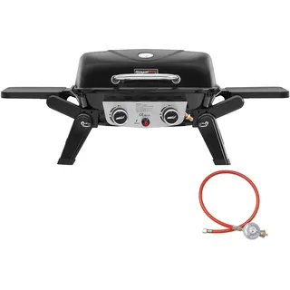 Royal Gourmet 2-Brenner Tragbarer Gasgrill, 5 kW Tischgrill mit klappbaren Seitentischen, portabler BBQ Grill für Balkon, Terrasse, Garten Schwarz