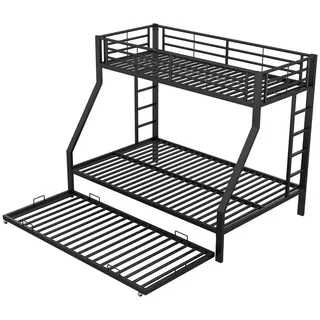 Merax Etagenbett mit Ausziehbett 90x190cm, Metallbett Stockbett, Hochbett 90x200/140x200cm mit Rausfallschutz und Leiter schwarz