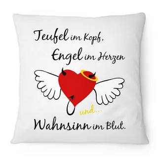 Fashionalarm Kissen Teufel Engel Wahnsinn - 40x40 cm mit Füllung | Geschenk Idee für Frauen mit lustigem Spruch & Motiv Herz mit Flügel, Farbe:weiß