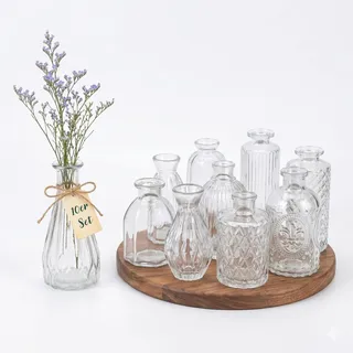 Relaxdays Vasen 10er Set, strukturiert, Vintage-Design, Glas, H: 10–14,7 cm, kleine Dekovasen für Tischdeko, transparent