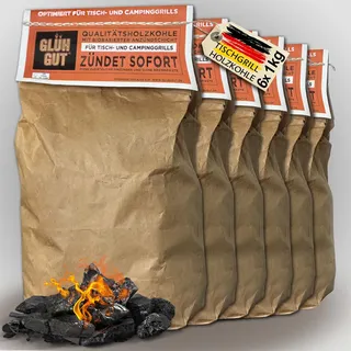 Glühgut Tischgrill-Holzkohle 1kg x 6 (6 KG) – 6kg Holzkohle mit Anzündbeschichtung – extra kleine Körnung 20–50mm – sofort einsatzbereit, raucharm, ideal für unterwegs, ideal für Lotus Grill, Balkon