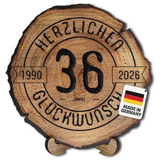 Holzscheibe 36 Jahre Geburtstag, Glückwunsch-Schild, Baumscheiben-Optik, Ø 20 cm, HDF-Platte 6 mm