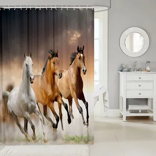 Pferdeduschvorhänge Braun Pferd Bedruckter Badevorhang Western Cowboys Bauernhaus Thema Duschvorhang Für Jungen Wild Tier Einzigartige Badezimmer-Sets Im Exotischen Stil Mit Haken, 180x180 (WxL)