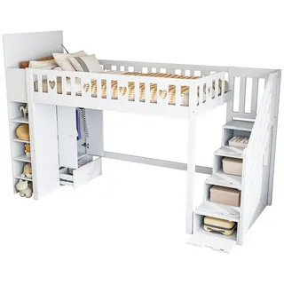 SOFTWEARY Hochbett mit Kleiderschrank (90x200 cm) Kinderbett mit Rausfallschutz, Regal, Treppe, Stauraum