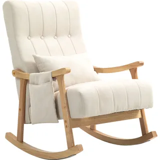 HOMCOM Schaukelstuhl gepolsterter Schaukelsessel mit Lendenkissen Seitentasche Relaxsessel Holzrahmen Leinenoptik für Wohnzimmer Schlafzimmer Beige   Aosom.de
