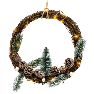 LED Weihnachtskranz mit 20 LED in warm weiß beleuchtet - 30 cm - Holz Kranz mit Winter Dekoration - Fensterdeko Türkranz Weihnachts Deko Beleuchtung für Innen Batterie betrieben
