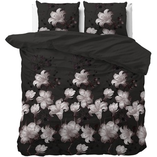 Sleeptime Bettwäsche 3teilig 200cm x 220cm 3teilig schwarz - Dunkle Blume - weich & bügelfrei Bettbezüge mit Knopfverschluss - Bettwäsche Set mit 2 Kissenbezüge 60cm x 70cm