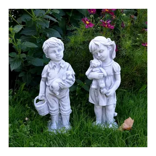 gartendekoparadies.de Gartenfigur Set Junge und Mädchen, Steinfiguren, H. 42/43 cm, je 6 kg, Frostsicher grau