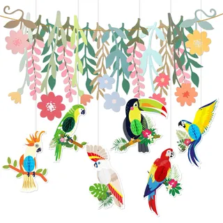 TYFYH Dschungel Deko Hawaii Party Gartenparty Deko Sommer Deko, 6 x Tropische Vogeldekoration, 18 x Künstliche Blätter, Safari, Girlande Gartenparty für Geburtstagsfeier, Dschungel Mottoparty
