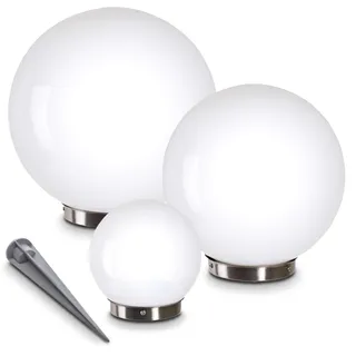 Solarleuchte Nassau, Kugellampe 3er Set, Kugelleuchten aus weißem Kunststoff, Ø 15, 20 und 25 cm mit Erdspiess, Außenleuchten mit Ein/Aus-Schalter, Solarlampen mit Dämmerungsschalter