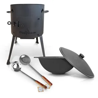 Utschak Feuerofen mit Gusseisen Topf flacher Boden mit Deckel (10 L) Kazan Schöpflöffel 48 cm Schöpfkelle 48 cm KazanoFF, Учаг, Outdoor, Feuerschale, Camping, Kasan, Gulaschkanone Dutch Oven (Set 4)