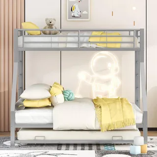 Moimhear Etagenbett, Metallbett mit ausziehbarem Bett,mit Leiter auf beiden Seiten für Kinder, Jugendliche, Erwachsene, einfach zu montieren, 90(140) x200cm (Silber)