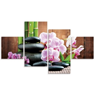 ARTland Glasbilder Wandbild Glas Bild 4 teilig 120x70 cm Querformat Zen Asien Asiatisch Wellness Spa Bambus Natur Steine Orchideen T5OO