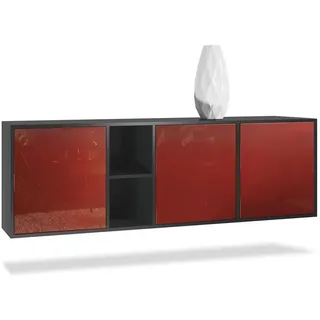 Vladon Sideboard Cuba (Kommode, mit 3 Türen und 2 offene Fächer), Schwarz matt/Bordeaux Hochglanz (182 x 53 x 35 cm) rot