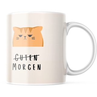 Tasse mit Guten Morgen - Katzen Motiv, 330 Milliliter Kapazität, lustiges Geschenk für Familie, Partner und Freunde - Für jeden Anlass - Made in Germany
