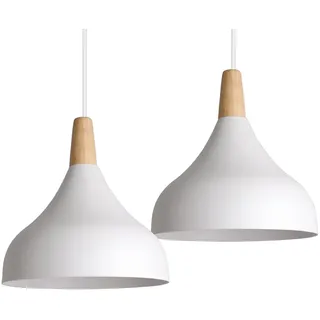 iDEGU 2 Stücke 20cm Hängelampe Retro E27 Hängeleuchte Moderne Tropfenförmig Hut Deckenleuchte aus Metall Holz Pendelleuchte für Schlafzimmer Esszimmer Küche (Weiß)