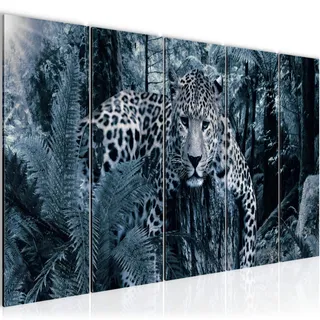 Runa Art Wandbild XXL Afrika Leopard Wohnzimmer Schlafzimmer 200 x 80 cm Blau 5 Teilig - Made in Germany - 003555b