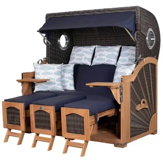 deVries PURE® Strandkorb Seemöwe XXL - PE stone grey - Dessin 197, BxTxH: 165x95x163 cm, Halblieger, Ostsee-Strandkorb, (Strandkorb-Komplettset, 2-tlg., 3-Sitzer Strandkorb mit Polstern und Premium-Schutzhaube), Windschutzfolie, bequeme Kissenausstattung, Schutzhülle braun