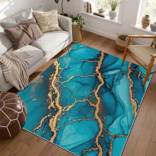PaxGloz Teppich Türkis Gold - Teppiche Wohnzimmer Schlafzimmer Petrol Blau, Kleiner Teppich Modern Abstrakt, Weich Kurzflor & Waschbar & rutschfest Fussmatte Innen, Kinderteppich 60x90 cm