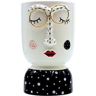 Keramik Vase mit Gesicht und Goldener Brille, Blumenvase, schwarz-weiß, Größe: H/Ø ca. 21 x 12 cm