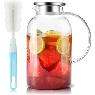 SUSTEAS Wasserkaraffe, Glaskaraffe mit Deckel, Karaffe mit Ausgießer, 2.5L