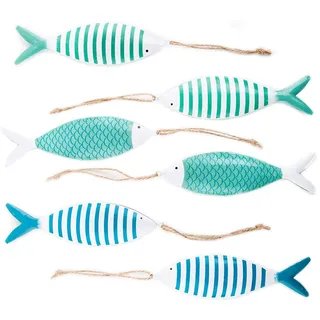 Deko-Fische zum Aufhängen, 6 Stück: Maritime Metallfische, Meeres-Dekoration Maritim, Badezimmer & Wohnzimmer, Meer, Strand, Sommer, Bad Dekoanhänger, Maritimdeko Geschenke, Baddeko, 15,5 x 4,5 cm
