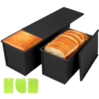 PQHIQ Toastbrot Backform mit Deckel 2er Set (1000g & 450g), Kastenform aus Karbonstahl in Schwarz, Antihaftbeschichtete Brotbackform & 3 Teigschaber, Profi Toastbrotform für Sandwiches & Brioche