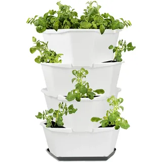 GUSTA GARDEN Paul Potato Starter Kartoffelturm - stapelbar - Hochbeet/Pflanzgefäß/Blumentopf für Balkon, Garten und Terrasse (4 Etagen, Weiß) inkl. Untersetzer