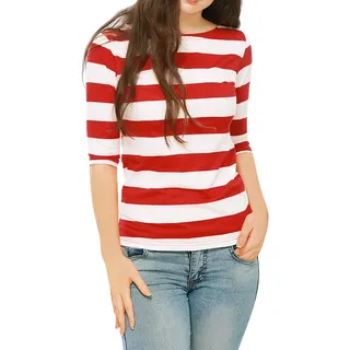 Allegra K Damen Gestreiftes Shirt U Boot Ausschnitt Halbarm Party Ferien Streifen Top Bluse Rot S - S