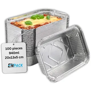 Enpack Aluschale R45-911L - 100 Stück Aluschalen Grill 20 x 13 x 5 cm - Wärmebehälter 940 ml - Fettauffangschale als Grill Zubehör, Food Container, kleine Auflaufform - feuerfeste Alu Grillschale
