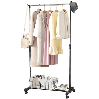 Trintion Kleiderständer auf Rollen Höhenverstellbar Kleiderstange 90-160cm Rollgarderobe mit Ablage Stabil Ausziehbare Garderobenständer für Schlafzimmer Schwarz